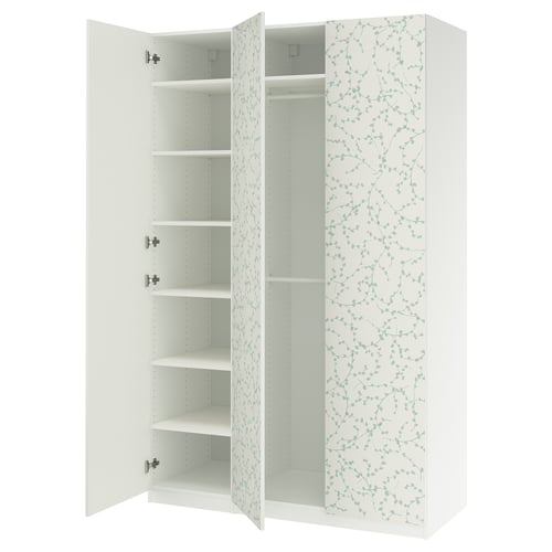 White PAX wardrobe with floral pattern, open doors showing shelves.