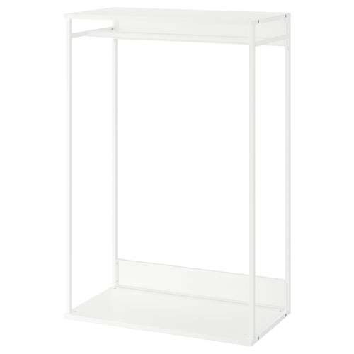 White PLATSA wardrobe with metal mesh shelves, no doors or drawers.
