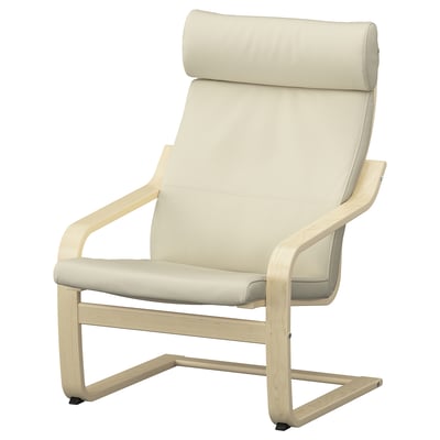POÄNG armchair, cream leather, wood frame, curved lines, high back.