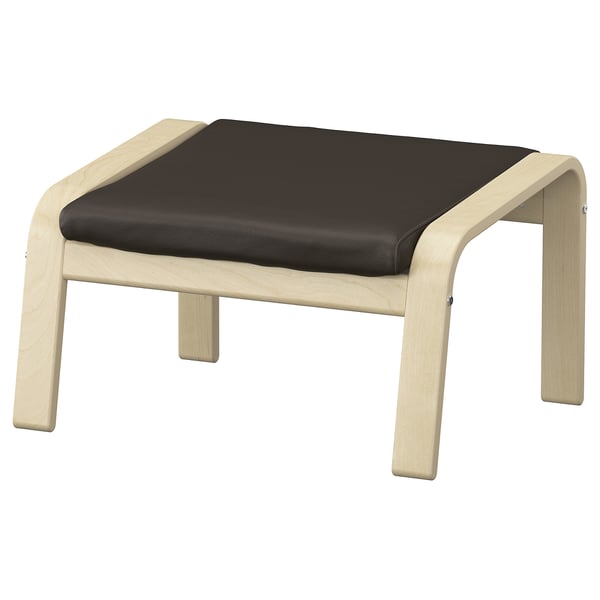 POÄNG footstool: light birch, black leather cushion, square shape, sleek design.