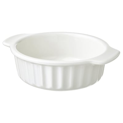 POETISK: small, white round stoneware oven dish with handles, ribbed design, simple timeless look.