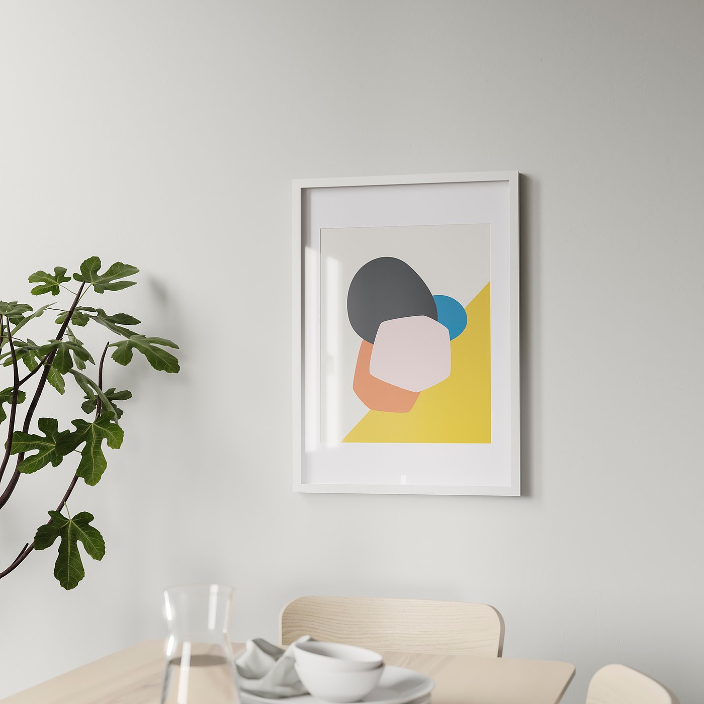 Minimalist room with abstract art print and wooden table.