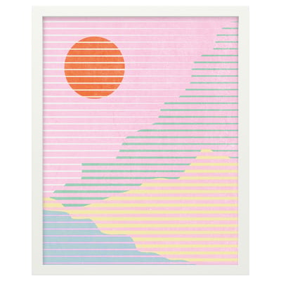 Stylish RÖDALM art frame, white, with pastel pink and orange sun, horizontal lines, fiberboard and plastic.