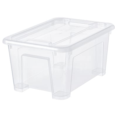 A clear plastic storage box named SAMLA. Its rectangular, made of polypropylene, with a secure lid and built-in handle for easy carrying.