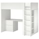 White kids loft bed with desk, wardrobe, shelves. Space-saving design, sleek modern look.