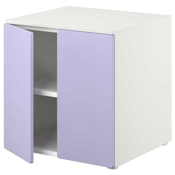 A SMÅSTAD storage cabinet with purple doors and white frame. Its square-shaped with adjustable legs and soft-closing hinges.