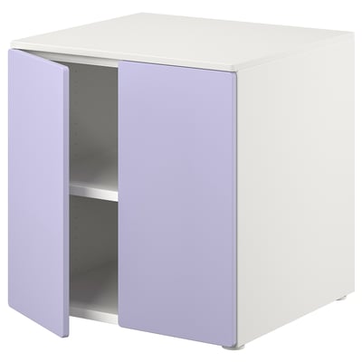 A SMÅSTAD storage cabinet with purple doors and white frame. Its square-shaped with adjustable legs and soft-closing hinges.