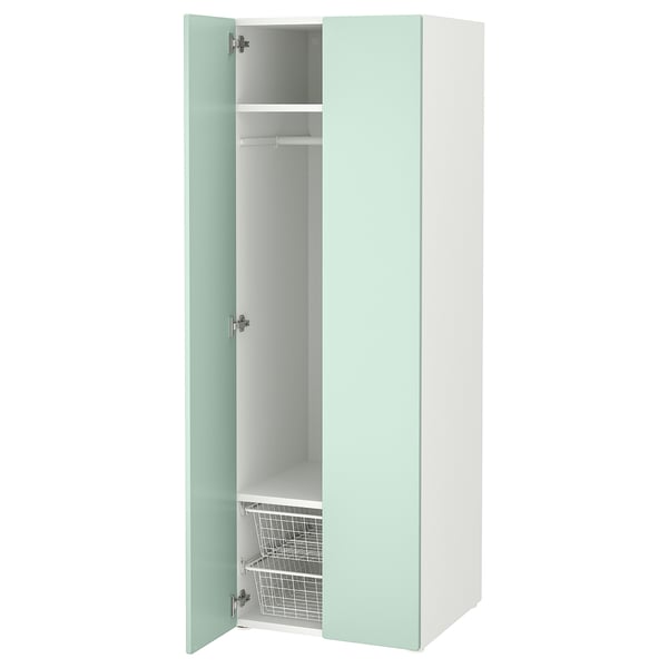 SMÅSTAD white-green childs wardrobe, open doors, wire baskets, rounded corners.