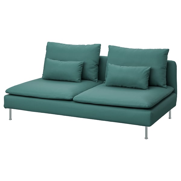 Teal 3-seater SÖDERHAMN sofa, modern, with four cushions, raised metal legs.