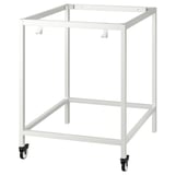 Ikea TROTTEN, white metal stand, 4 wheels, rectangular frame, modern design.