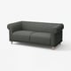 Dark green fabric sofa, rolled arms, wooden legs, classic design.