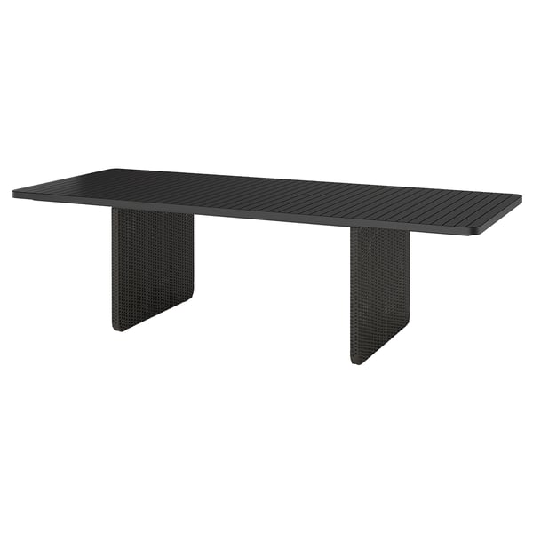VITTSKÄR black rectangular outdoor table, sleek modern design with textured slatted top and stylish angled legs.