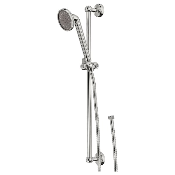 VOXNAN shower kit in chrome, handheld and fixed showerheads with adjustable rail. Sleek, modern design.