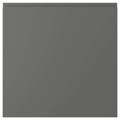A dark grey, square-shaped VOXTORP cabinet door with a smooth, minimalist design and integrated handles.