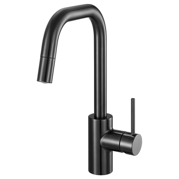 Modern black tap with pull-down sprayer, tall curved spout, metallic zinc finish, sleek minimalist design.