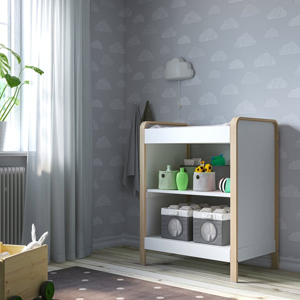 Birch changing table with shelves, baby items, scandi style
