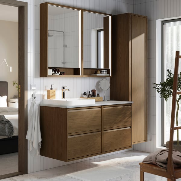 ÄNGSJÖN / BACKSJÖN Vanity, brown oak effect/gray stone effect, 49x21 1/2x28 1/4 "