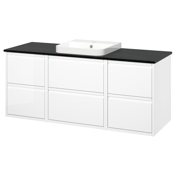 ÄNGSJÖN / BACKSJÖN Vanity, high gloss white/black marble effect, 61x21 1/2x28 1/4 "