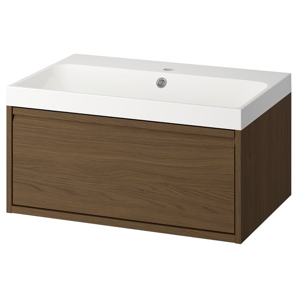 Modern bathroom sink unit: white, wood finish, single drawer, wall-mounted.