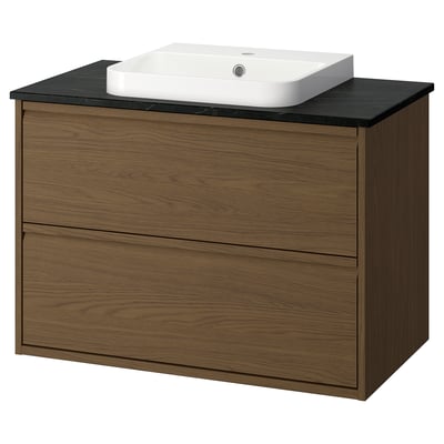 ÄNGSJÖN / BACKSJÖN Vanity with drawers, brown oak effect/black marble effect, 37x21 1/2x28 1/4 "