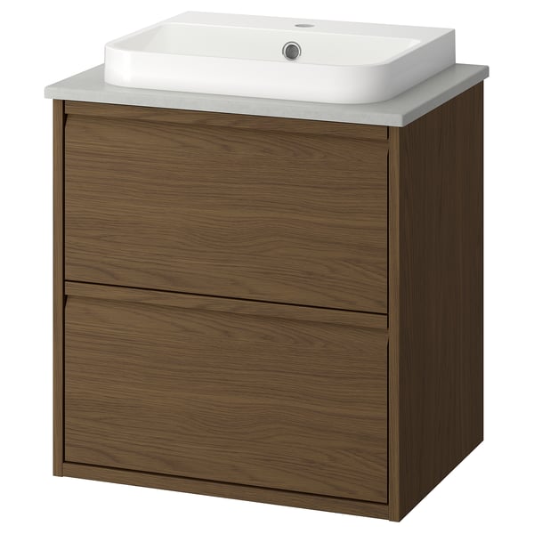 Modern oak bathroom vanity with integrated handles and marble countertop featuring a square ceramic basin.