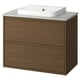 Modern wooden brown bathroom vanity with light grey countertop and square white basin.