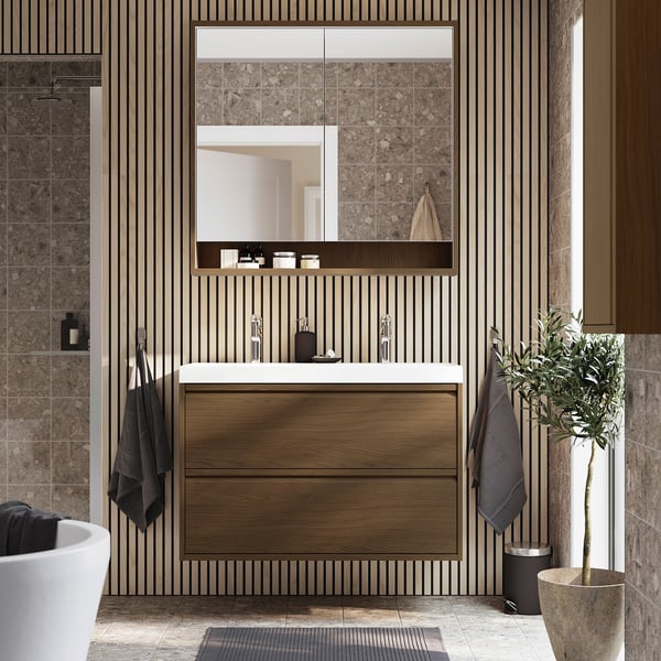 ÄNGSJÖN / BACKSJÖN Vanity with drawers, brown oak effect, 36 1/8x21x27 1/2 "