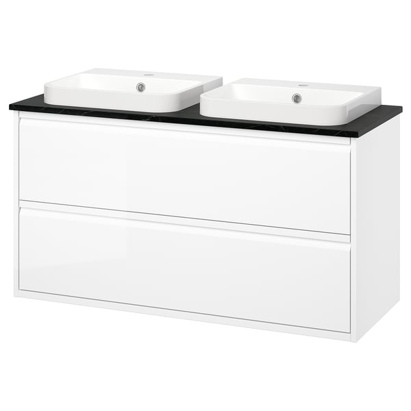 ÄNGSJÖN / BACKSJÖN Vanity with drawers, high gloss white/black marble effect, 49x21 1/2x28 1/4 "