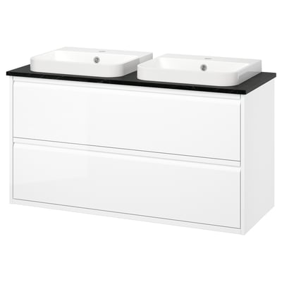 ÄNGSJÖN / BACKSJÖN Vanity with drawers, high gloss white/black marble effect, 49x21 1/2x28 1/4 "