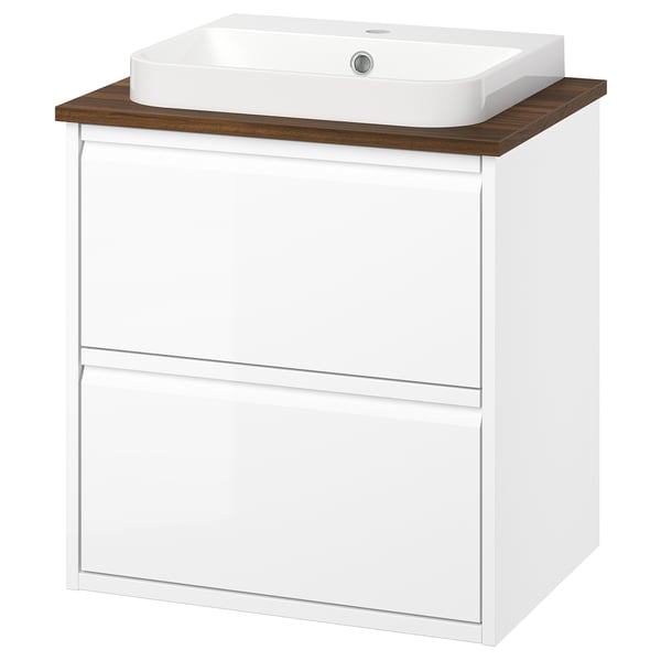 White ÄNGSJÖN bathroom vanity with wood grain countertop and rectangular sink, featuring two sleek drawer handles.
