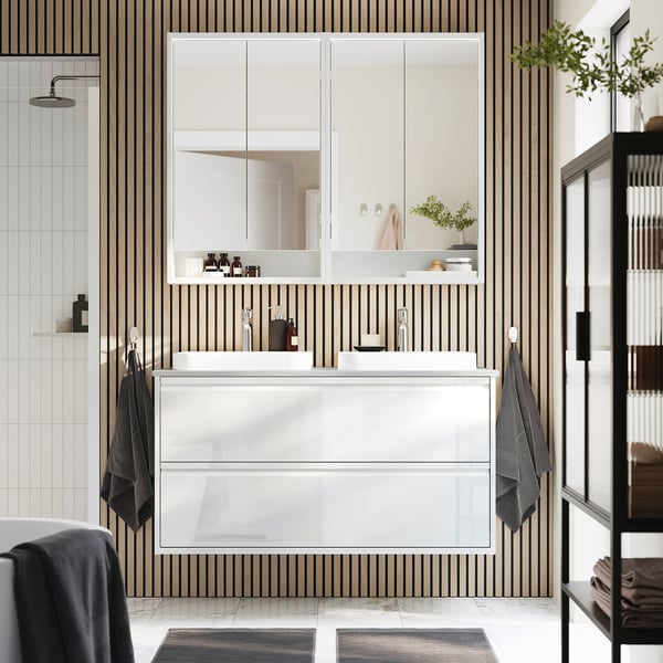 ÄNGSJÖN / BACKSJÖN Vanity with drawers, high gloss white/gray stone effect, 49x21 1/2x28 1/4 "