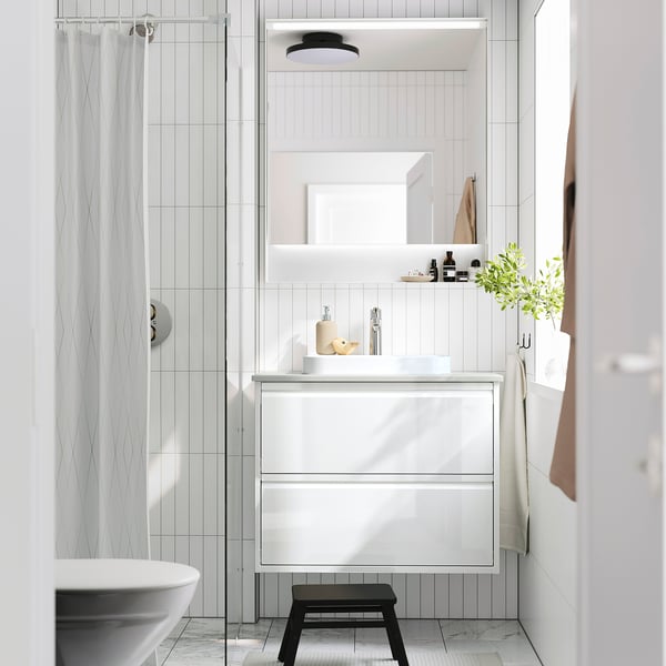 ÄNGSJÖN / BACKSJÖN Vanity with drawers, high gloss white/gray stone effect, 31x21 1/2x28 1/4 "