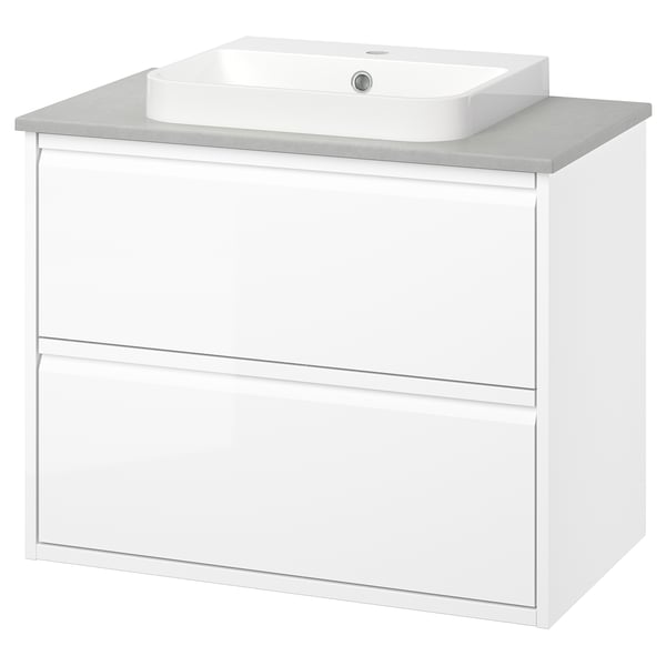 ÄNGSJÖN / BACKSJÖN Vanity with drawers, high gloss white/gray stone effect, 31x21 1/2x28 1/4 "