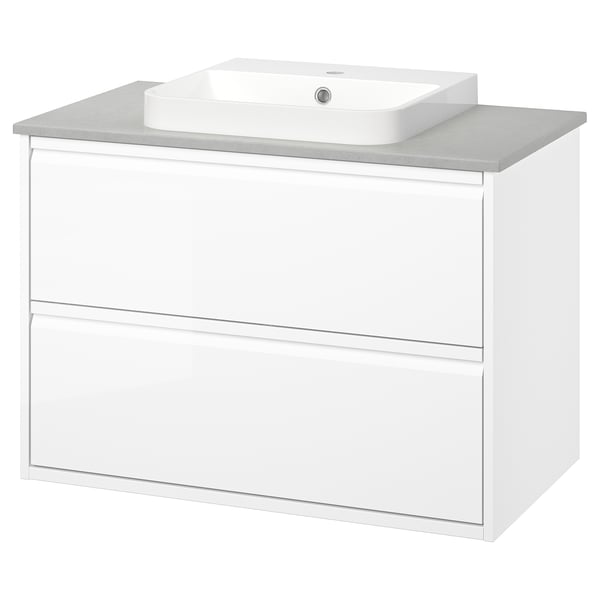 ÄNGSJÖN / BACKSJÖN Vanity with drawers, high gloss white/gray stone effect, 37x21 1/2x28 1/4 "