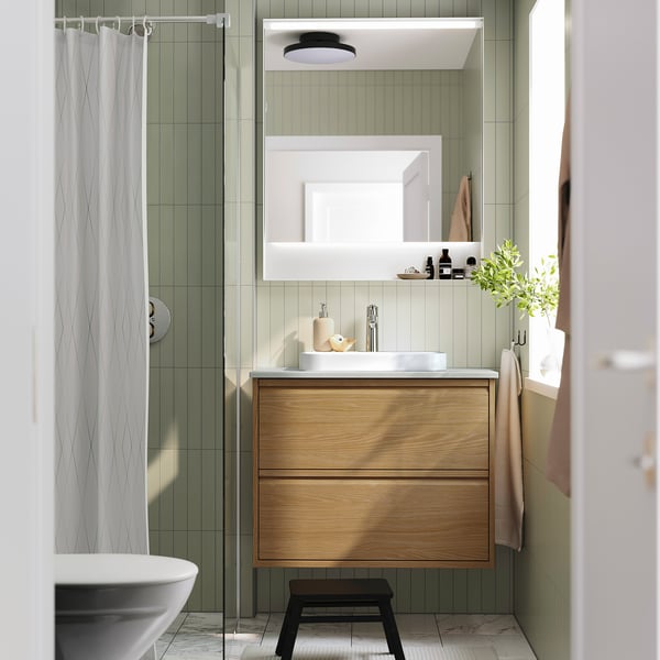 ÄNGSJÖN / BACKSJÖN Vanity with drawers, oak effect/gray stone effect, 31x21 1/2x28 1/4 "