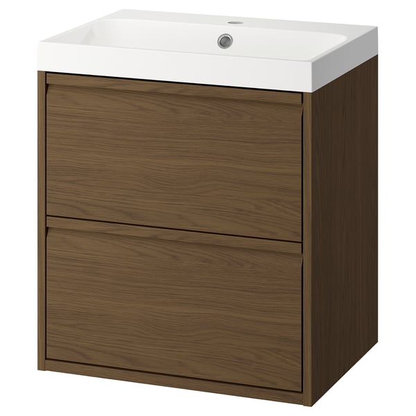 An ÄNGSJÖN bathroom cabinet in brown oak with a white basin. It has two drawers and a modern, minimalist design with integrated handles.