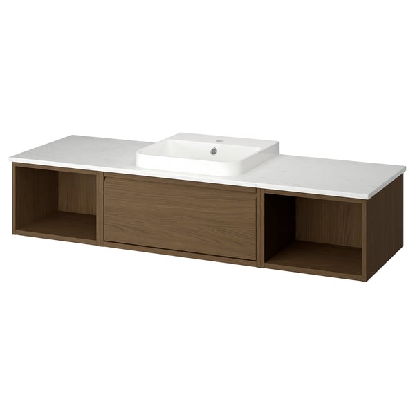 The ÄNGSJÖN unit a floating vanity with light wood and marble accents, a white basin, and open shelves.
