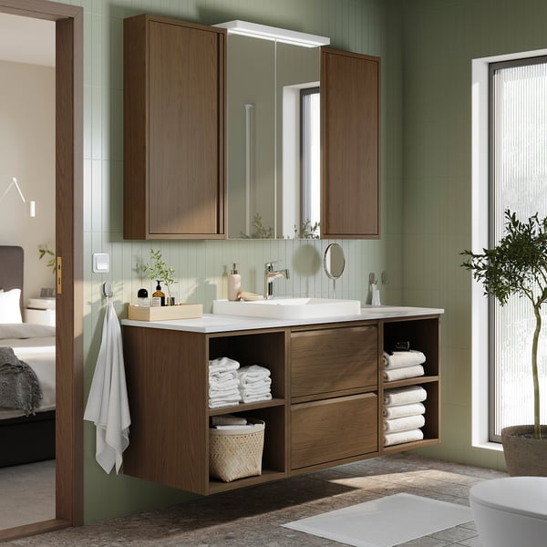 ÄNGSJÖN dark wood bathroom vanity with marble sink, open & closed storage, wall-mounted for spacious feel.