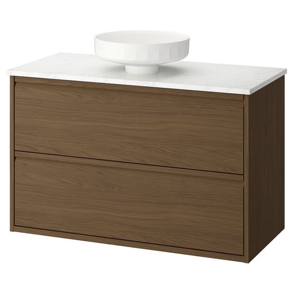 Modern bathroom vanity: ÄNGSJÖN, oak-brown, marble counter, round sink.