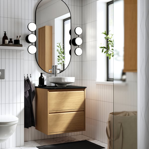 ÄNGSJÖN / LERSJÖN Vanity with drawers, oak effect/black marble effect, 25x21 1/2x31 3/8 "