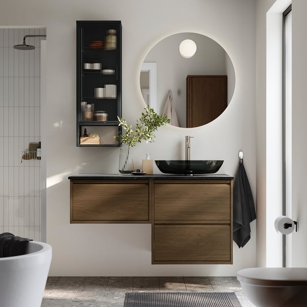 ÄNGSJÖN / OXMYREN Vanity, brown oak effect/black marble effect, 49x21 1/2x30 5/8 "