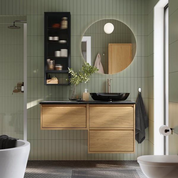 ÄNGSJÖN / OXMYREN Vanity, oak effect/black marble effect, 49x21 1/2x30 5/8 "