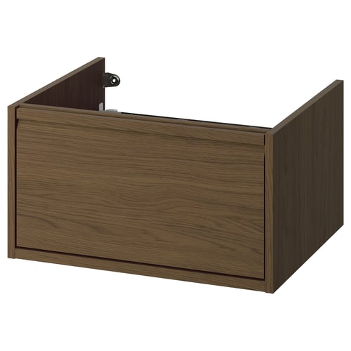 An ÄNGSJÖN wooden bathroom cabinet in a dark brown colour, featuring a modern minimalist design with integrated handles and a drawer for storage.