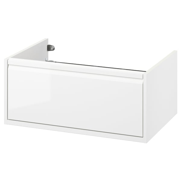A white ÄNGSJÖN bathroom cabinet with a sleek design and integrated handles. It one drawer for storage and is wall-mountable.