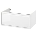 A white ÄNGSJÖN bathroom cabinet with a sleek design and integrated handles. It one drawer for storage and is wall-mountable.