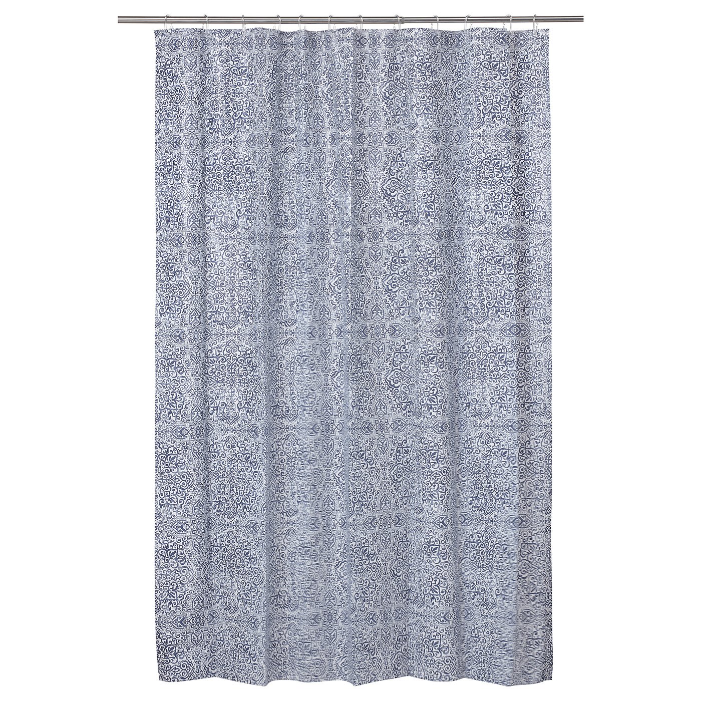 ÄNGSKLOCKA blue-white shower curtain, dense peva fabric, medallion tile design, rectangular shape.