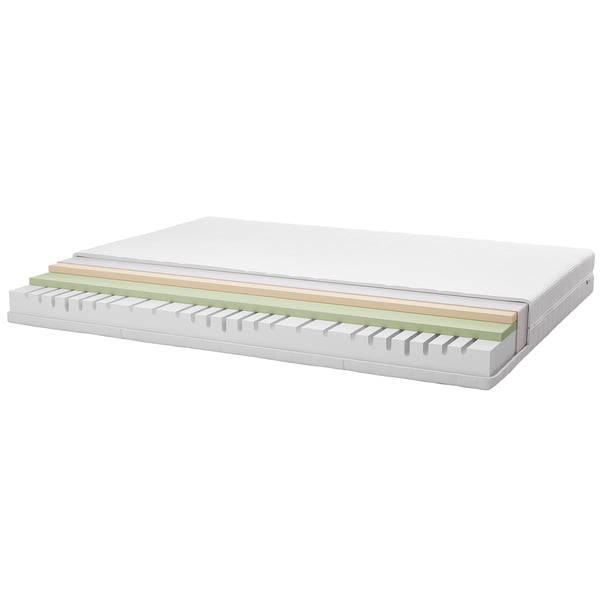 Cross-section of a mattress. Layers from bottom: 1) white base, 2) green plush foam, 3) brown memory foam, 4) white top layer with zip.