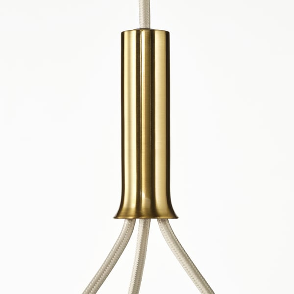 Gold-colored pendant lamp detail, featuring sleek metal design and neatly bundled cords, exuding elegance and craftsmanship.