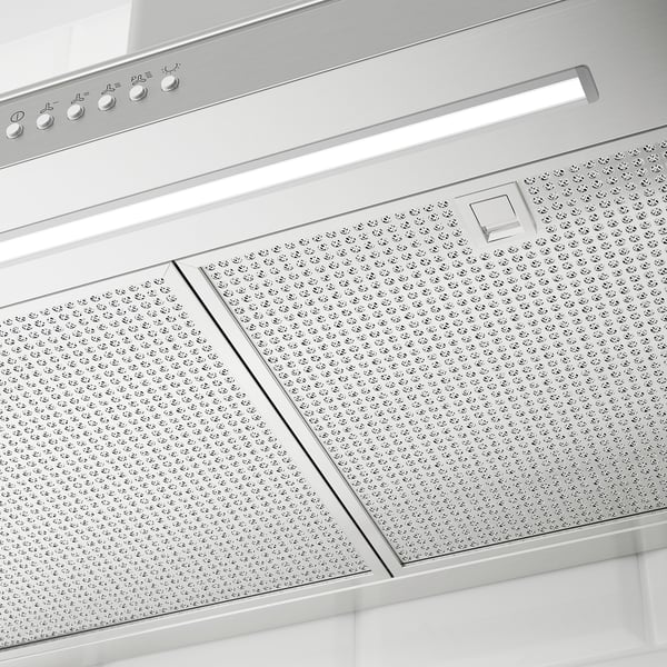 Modern stainless steel range hood with control panel, led lights, and grease philtres.