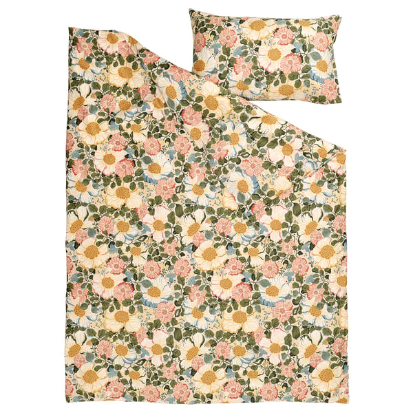 Floral bedding set with pink, yellow, and green flowers on cream background. Includes duvet cover and pillowcase. Made of cotton and lyocell.